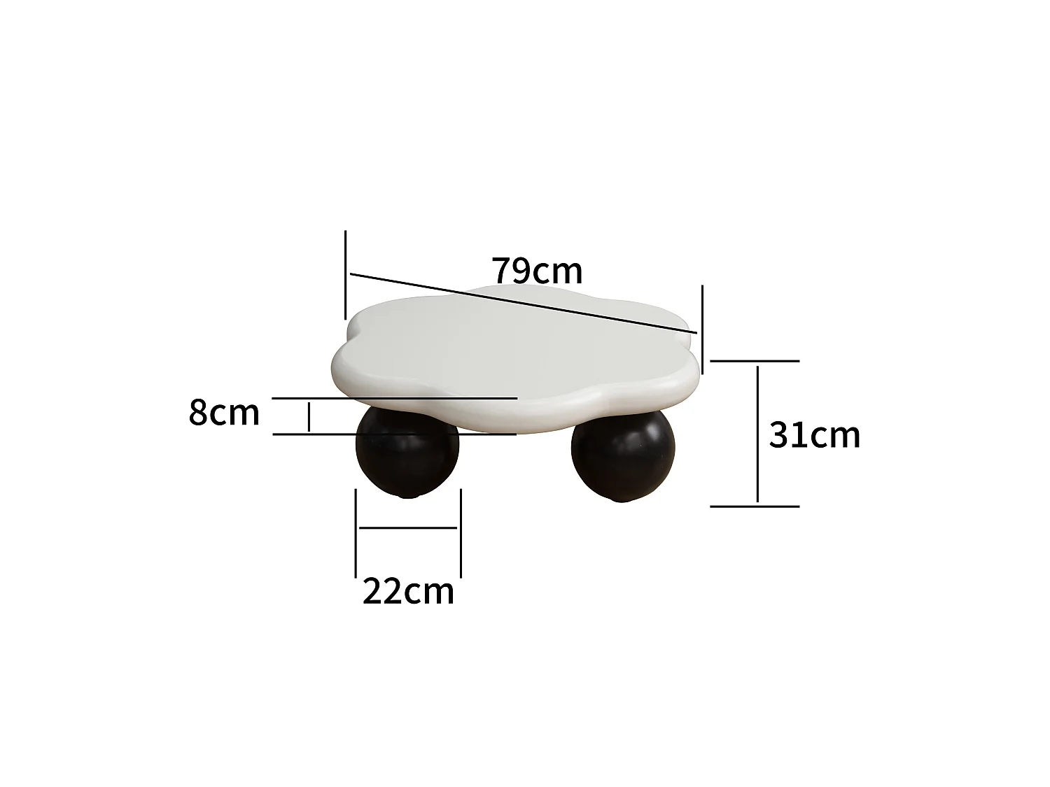 Table basse en forme de nuage 79 cm avec pieds sphériques - Noir et blanc