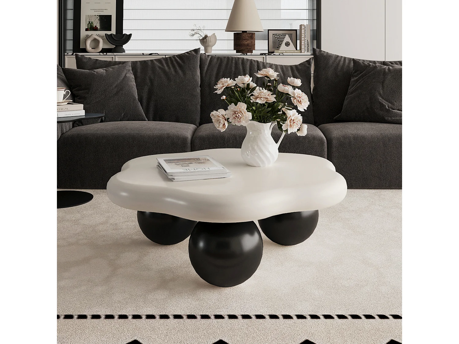 Table basse en forme de nuage 79 cm avec pieds sphériques - Noir et blanc