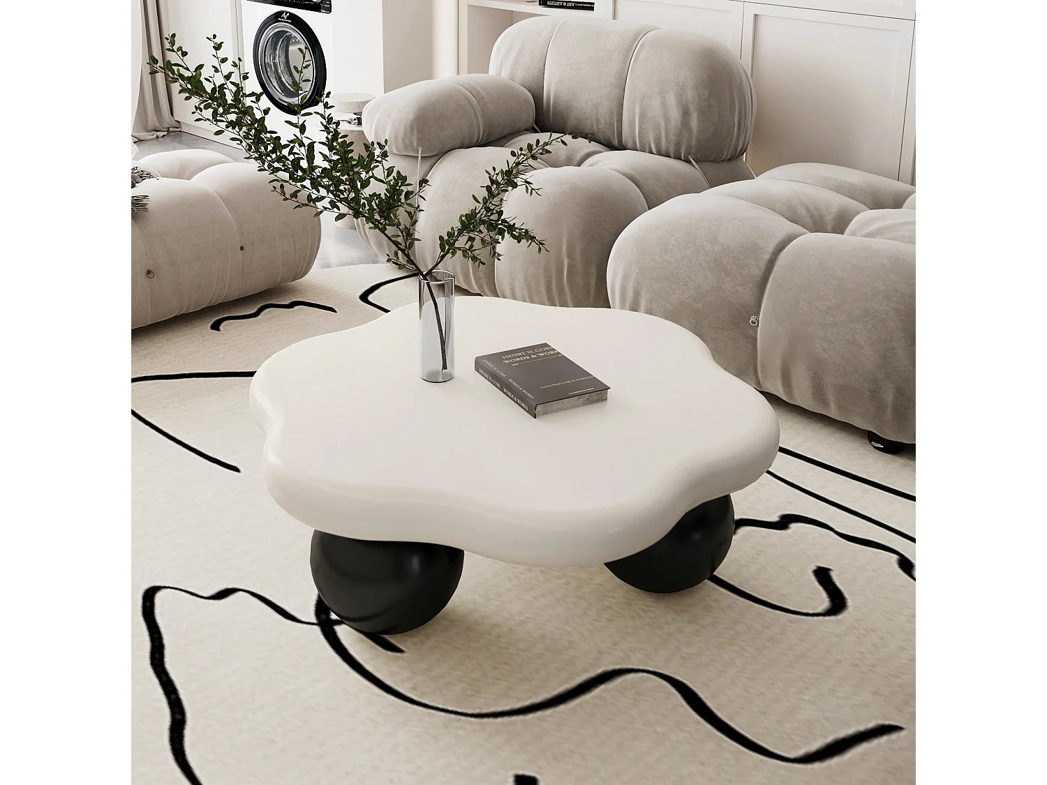 Table basse en forme de nuage 79 cm avec pieds sphériques - Noir et blanc