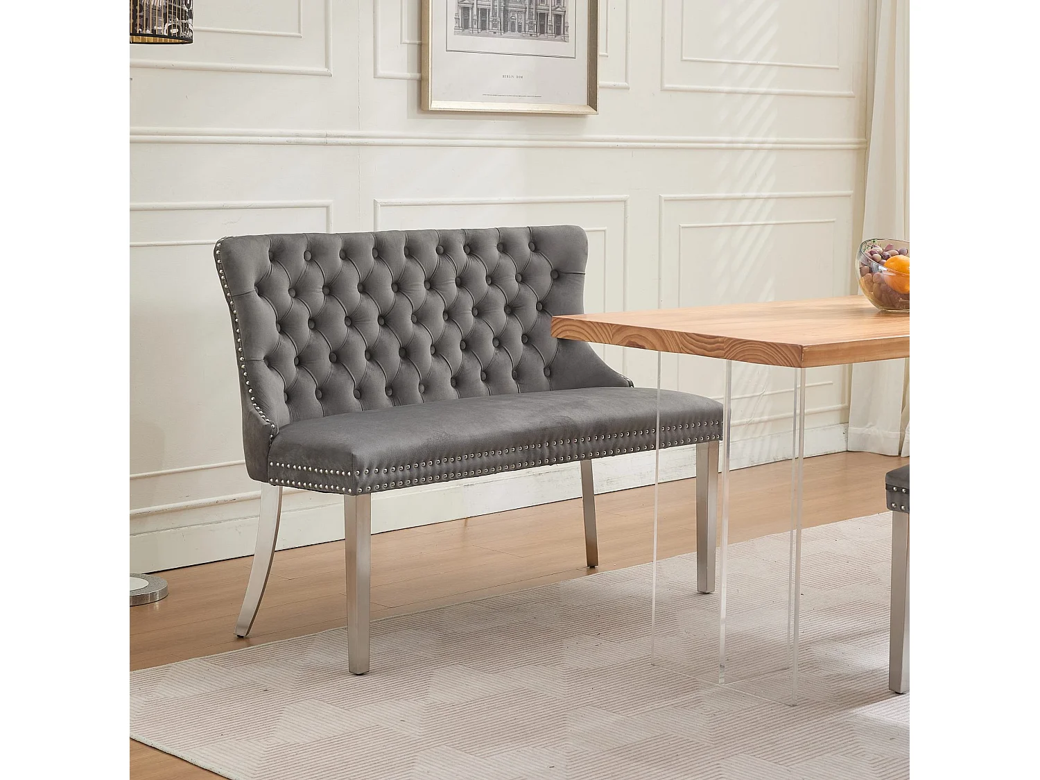 Banquette de salle à manger 2 places en velours gris - Pieds en métal