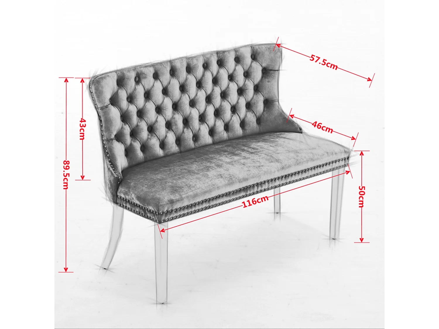 Banquette de salle à manger 2 places en velours gris - Pieds en métal