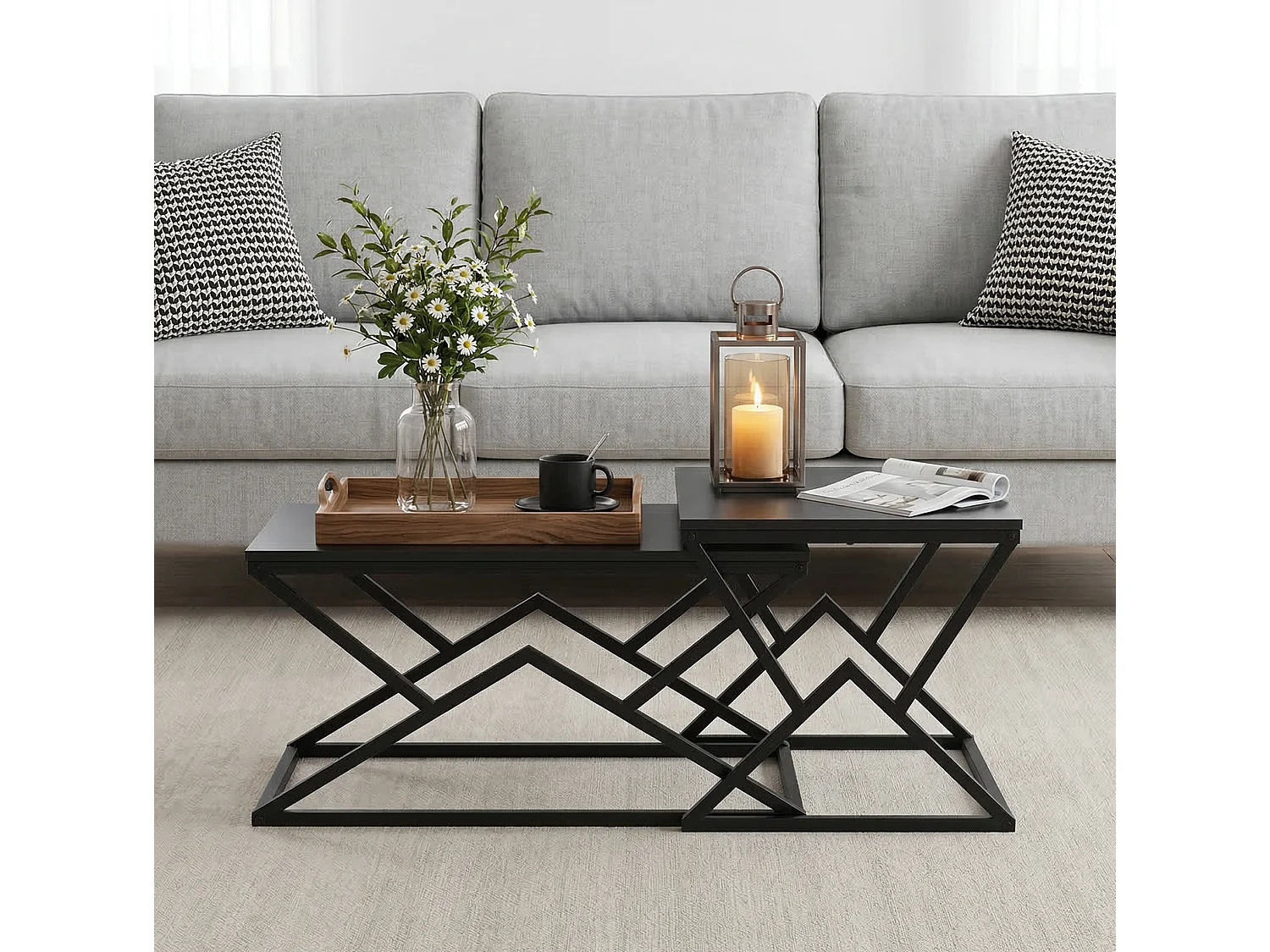 Lot de 2 table basse géométrique en bois et métal - Style industriel - Noir