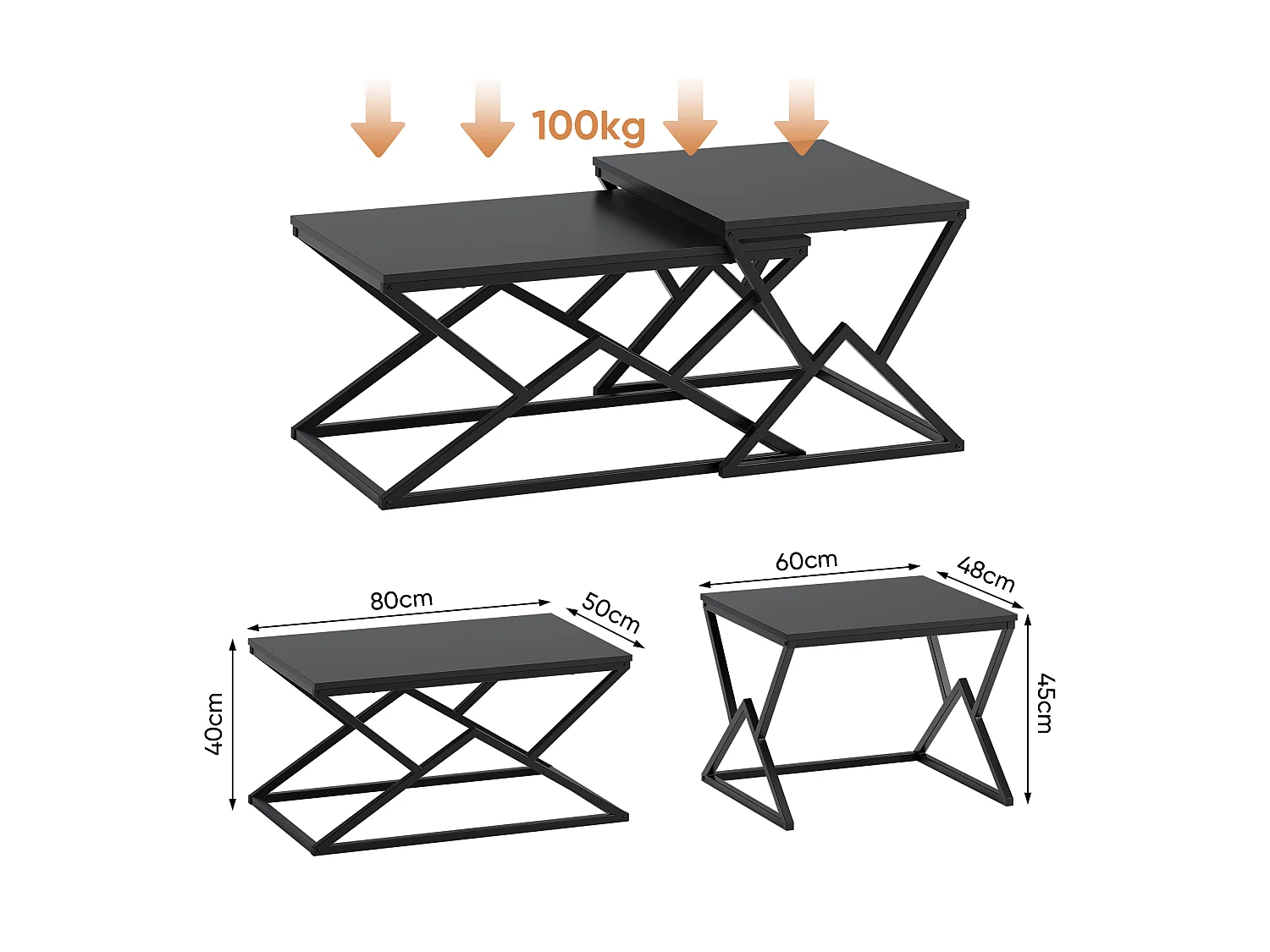 Lot de 2 table basse géométrique en bois et métal - Style industriel - Noir