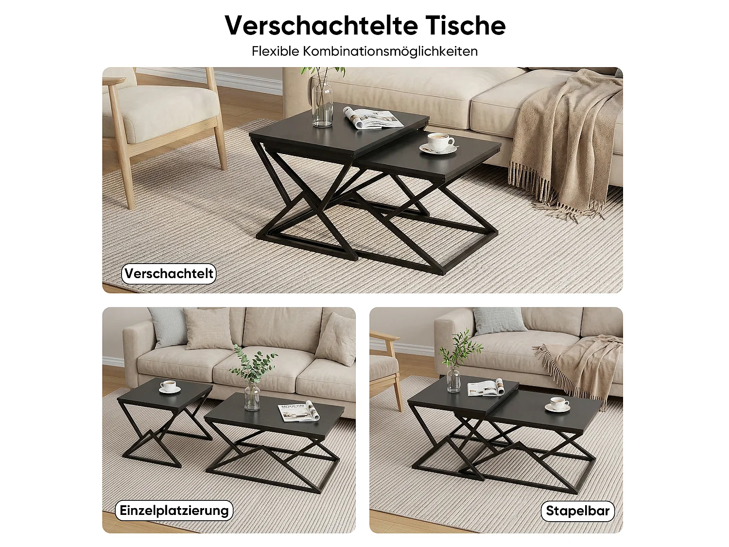 Lot de 2 table basse géométrique en bois et métal - Style industriel - Noir