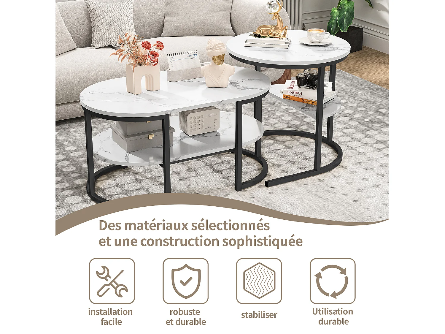 Lot de 2 Tables basses 2 en 1 avec rangement, Table de salon, aspect marbre, Table d'appoint ovales pour salon, balcon et bureau - 80x52 cm - Noir