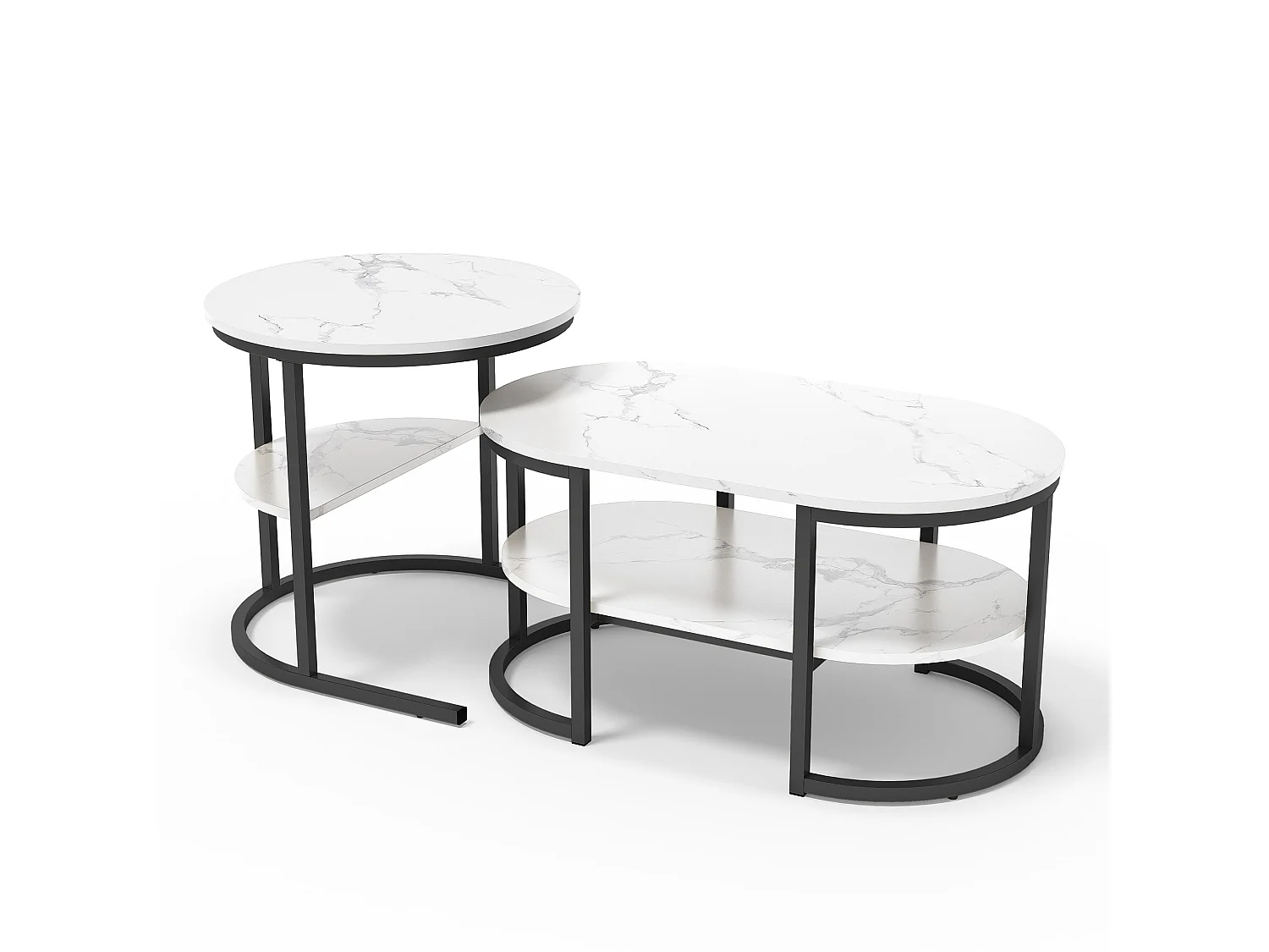 Lot de 2 Tables basses 2 en 1 avec rangement, Table de salon, aspect marbre, Table d'appoint ovales pour salon, balcon et bureau - 80x52 cm - Noir