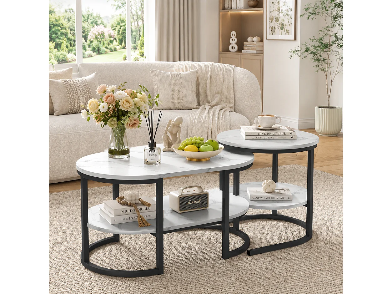 Lot de 2 Tables basses 2 en 1 avec rangement, Table de salon, aspect marbre, Table d'appoint ovales pour salon, balcon et bureau - 80x52 cm - Noir