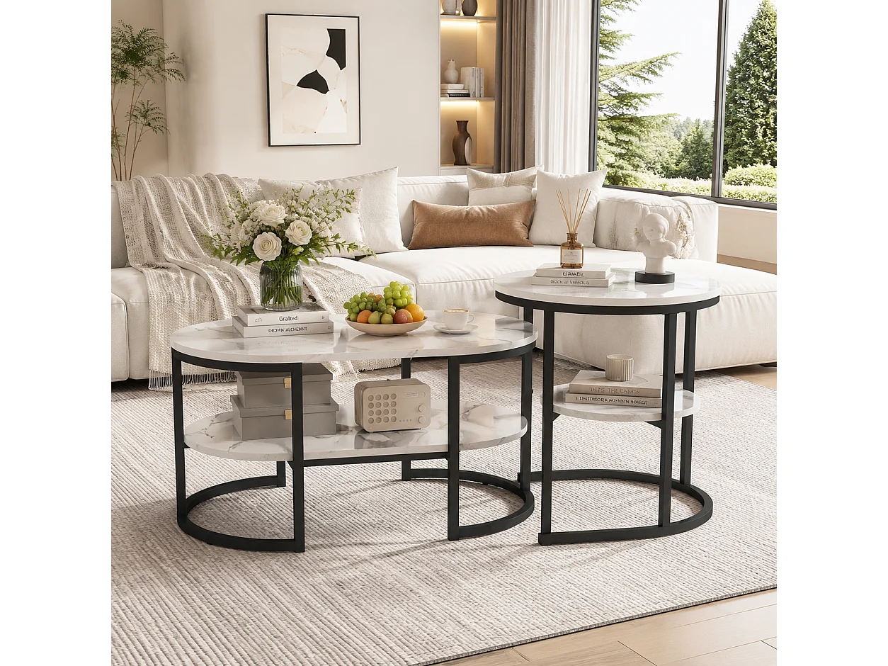 Lot de 2 Tables basses 2 en 1 avec rangement, Table de salon, aspect marbre, Table d'appoint ovales pour salon, balcon et bureau - 80x52 cm - Noir