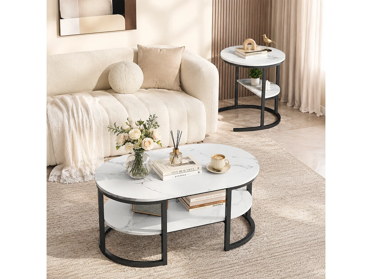 Lot de 2 Tables basses 2 en 1 avec rangement, Table de salon, aspect marbre, Table d'appoint ovales pour salon, balcon et bureau - 80x52 cm - Noir