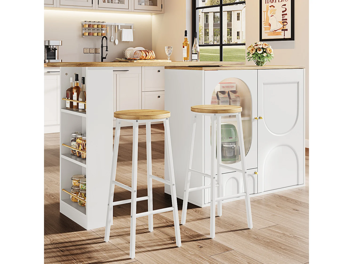 Set van 2 metalen barkrukken met houten zitting - Wit