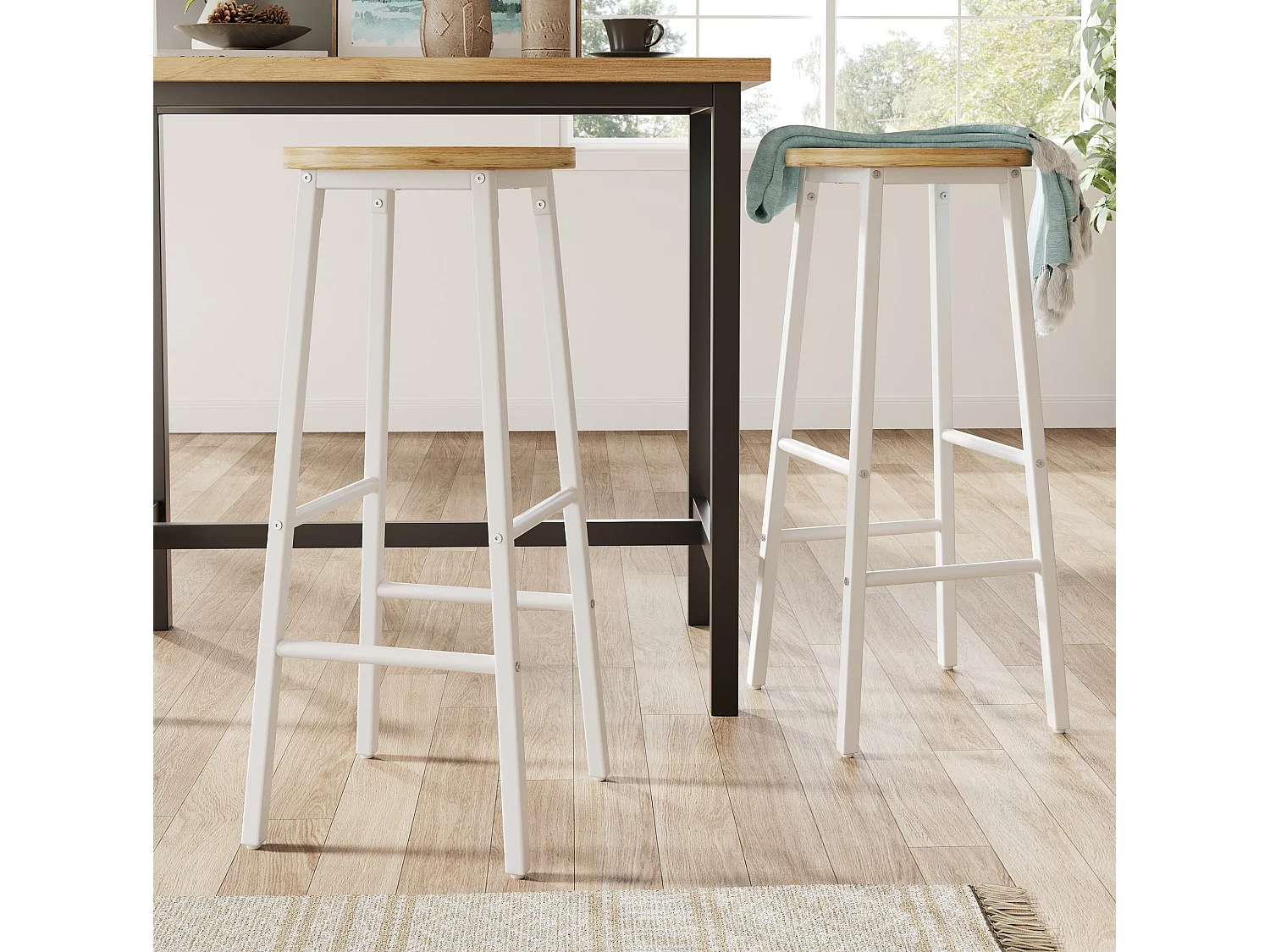 Set van 2 metalen barkrukken met houten zitting - Wit