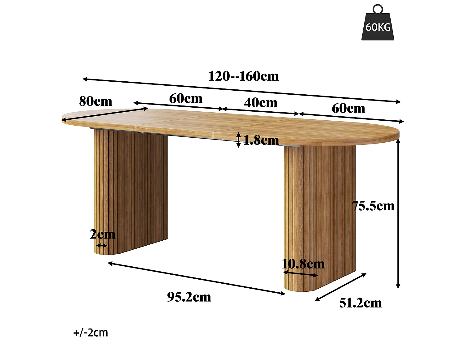 Uitschuifbare ovale eettafel 120-160 x 80 cm voor 4-6 personen - Bruin
