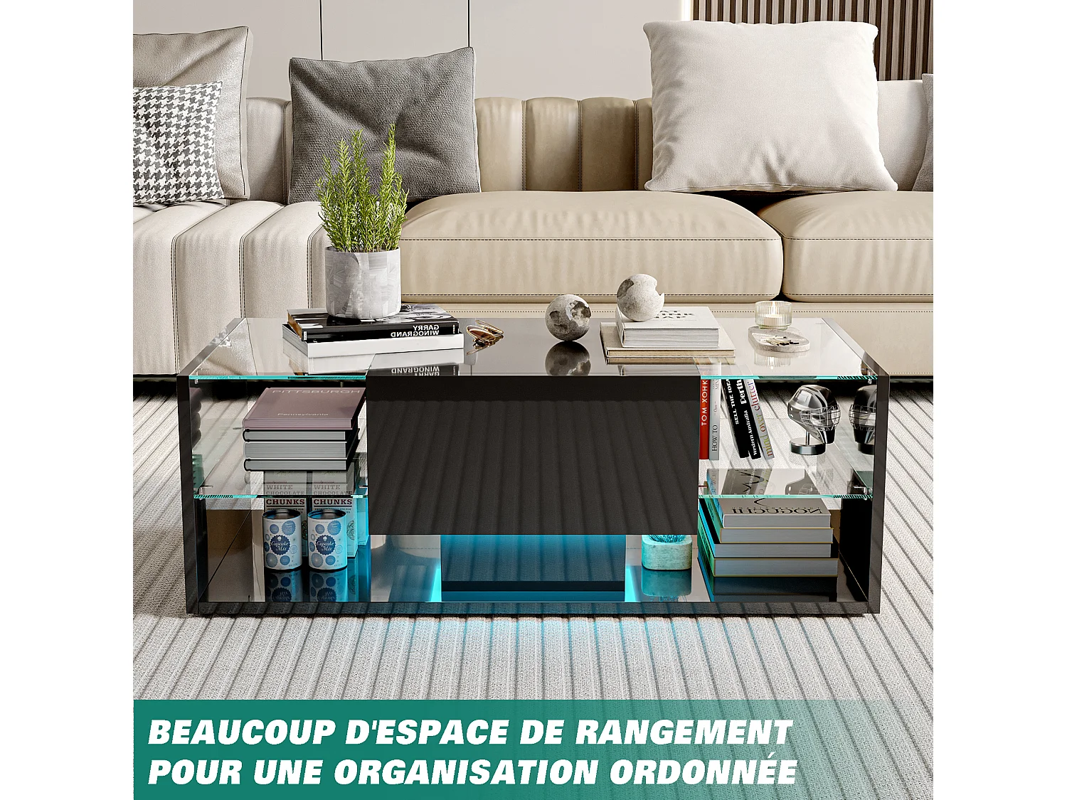 Table basse brillante avec Lumières LED, étagère ouverte et tiroirs, Table de salon moderne avec rangement, 100x50x35 cm, Noir