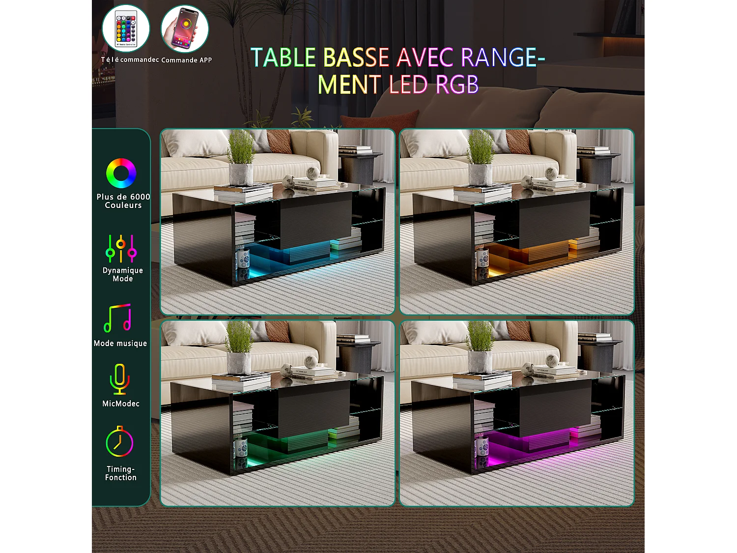 Table basse brillante avec Lumières LED, étagère ouverte et tiroirs, Table de salon moderne avec rangement, 100x50x35 cm, Noir