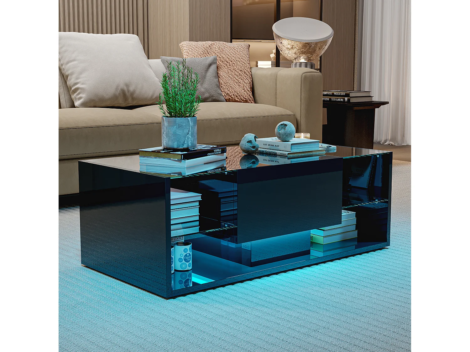 Table basse brillante avec Lumières LED, étagère ouverte et tiroirs, Table de salon moderne avec rangement, 100x50x35 cm, Noir