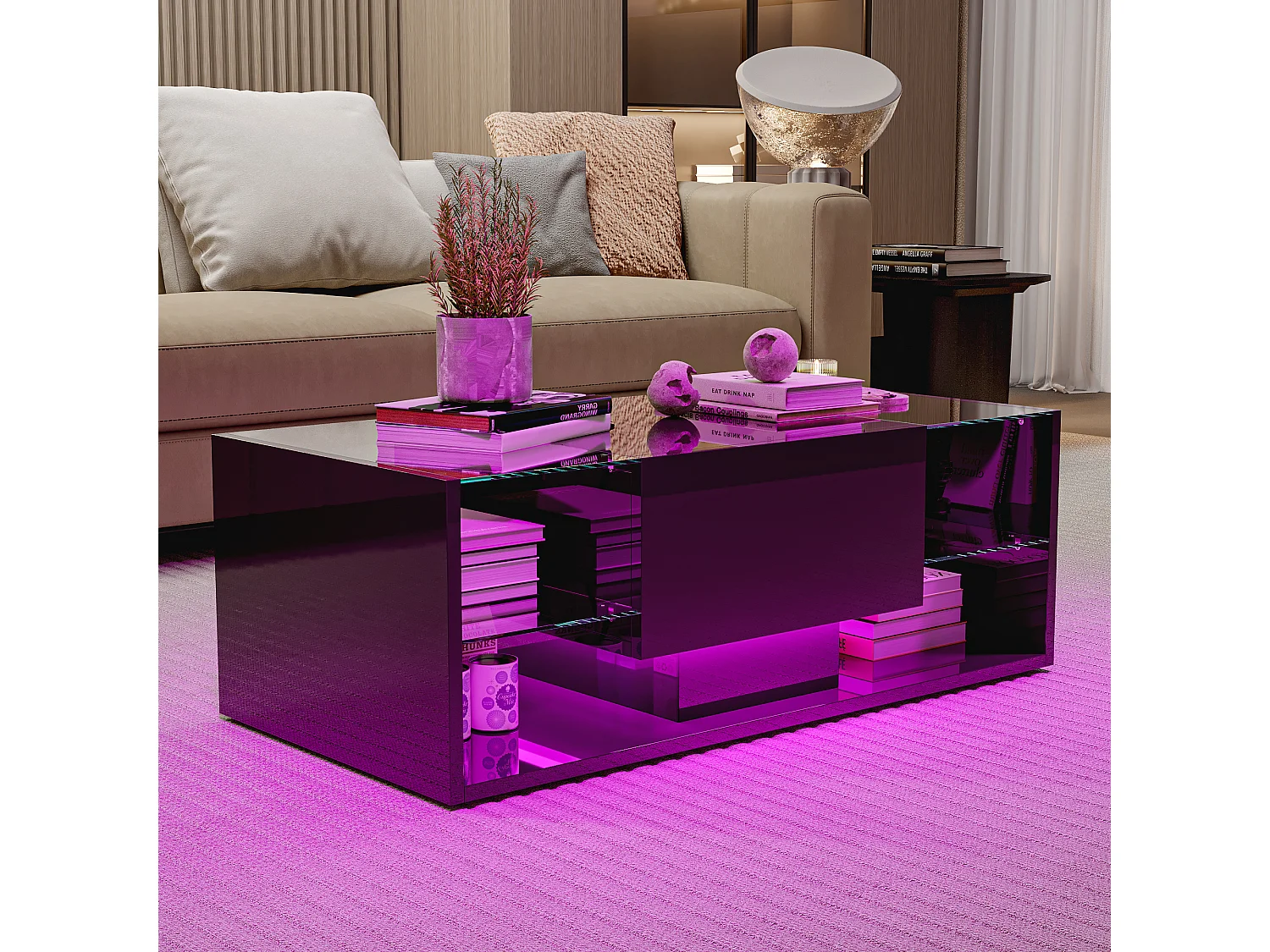 Table basse brillante avec Lumières LED, étagère ouverte et tiroirs, Table de salon moderne avec rangement, 100x50x35 cm, Noir