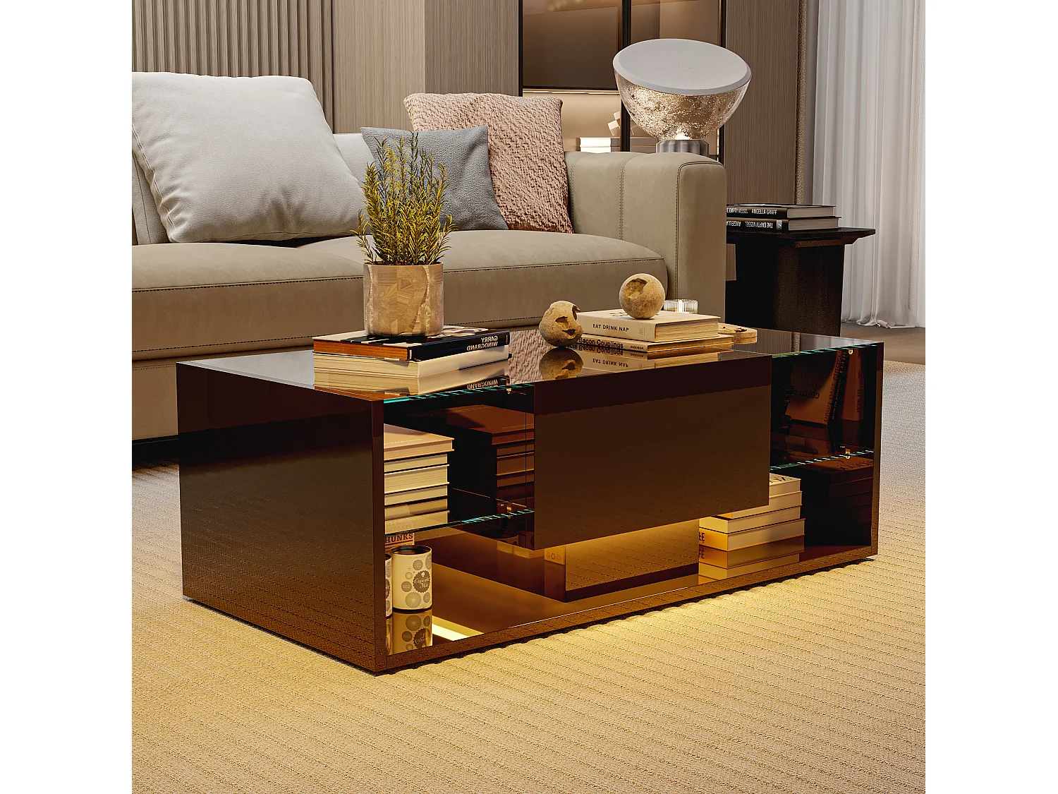 Table basse brillante avec Lumières LED, étagère ouverte et tiroirs, Table de salon moderne avec rangement, 100x50x35 cm, Noir