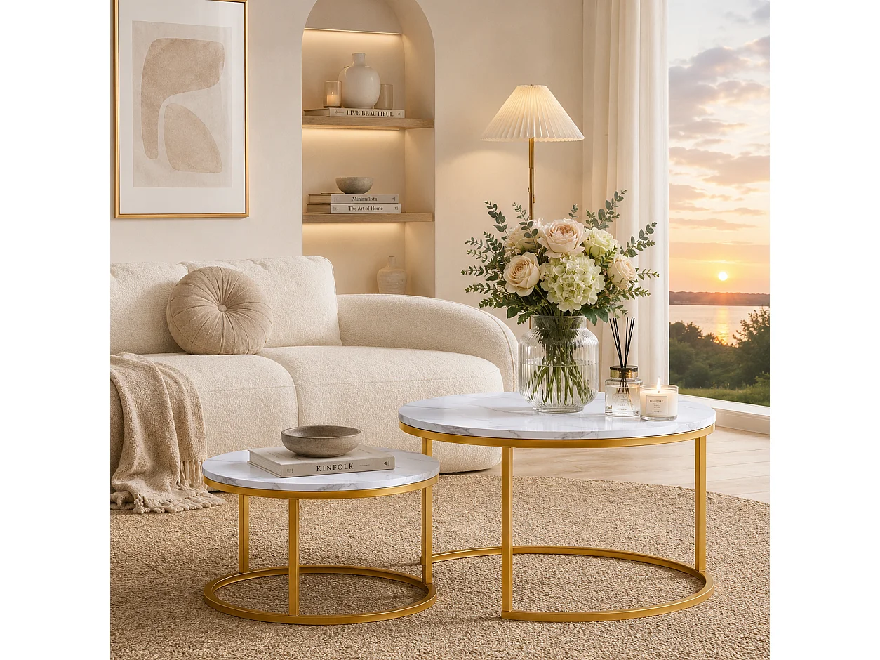 Lot de 2 Tables basses - Table d'appoint ronde - table basses moderne - ø80/60 cm - Plateau en motif marbre blanc - Structure en métal Doré