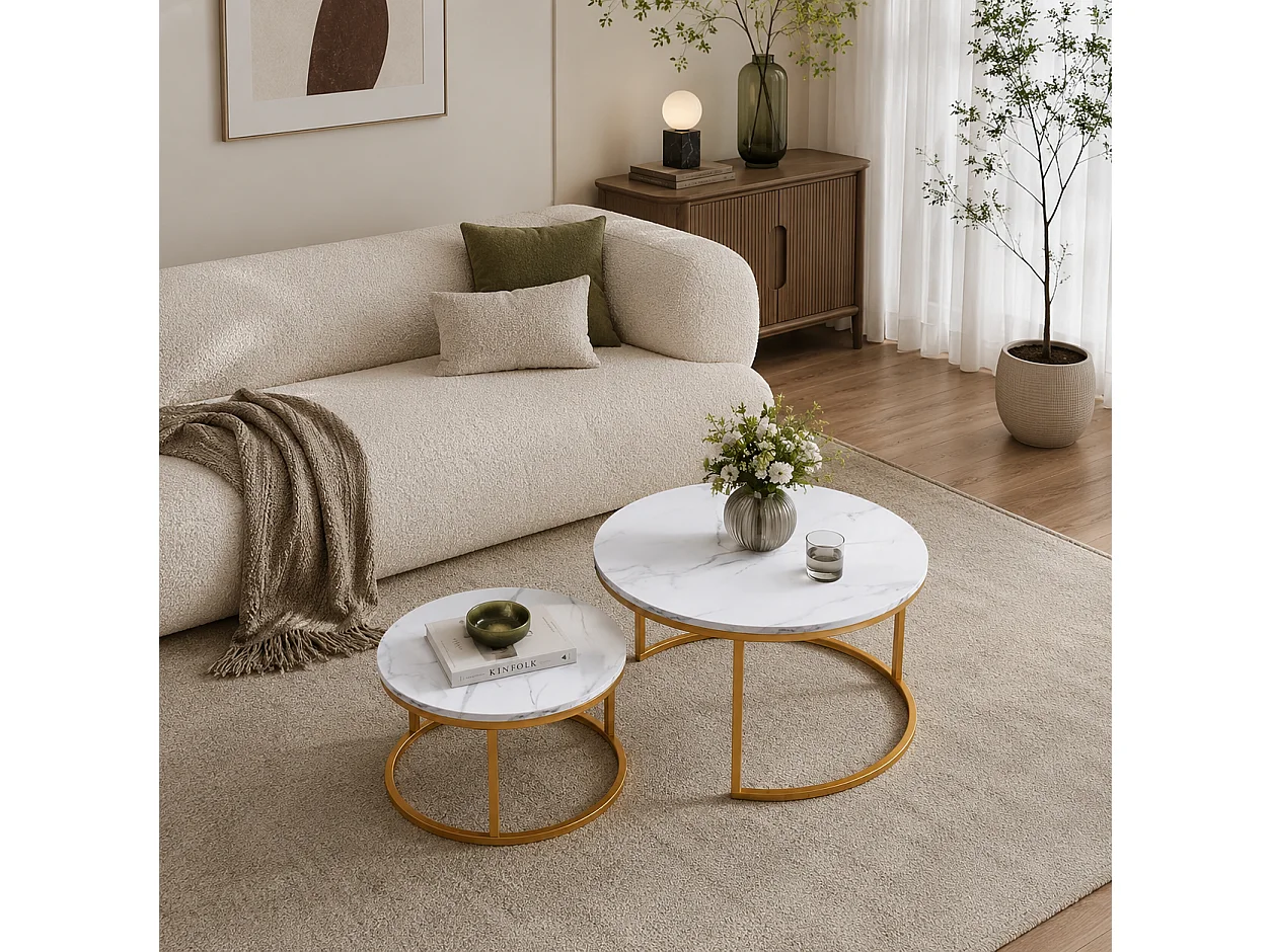 Lot de 2 Tables basses - Table d'appoint ronde - table basses moderne - ø80/60 cm - Plateau en motif marbre blanc - Structure en métal Doré