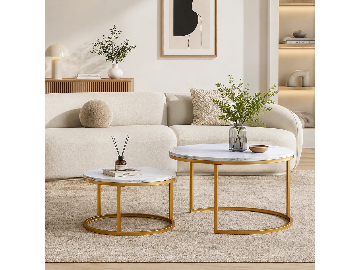 Lot de 2 Tables basses - Table d'appoint ronde - table basses moderne - ø80/60 cm - Plateau en motif marbre blanc - Structure en métal Doré