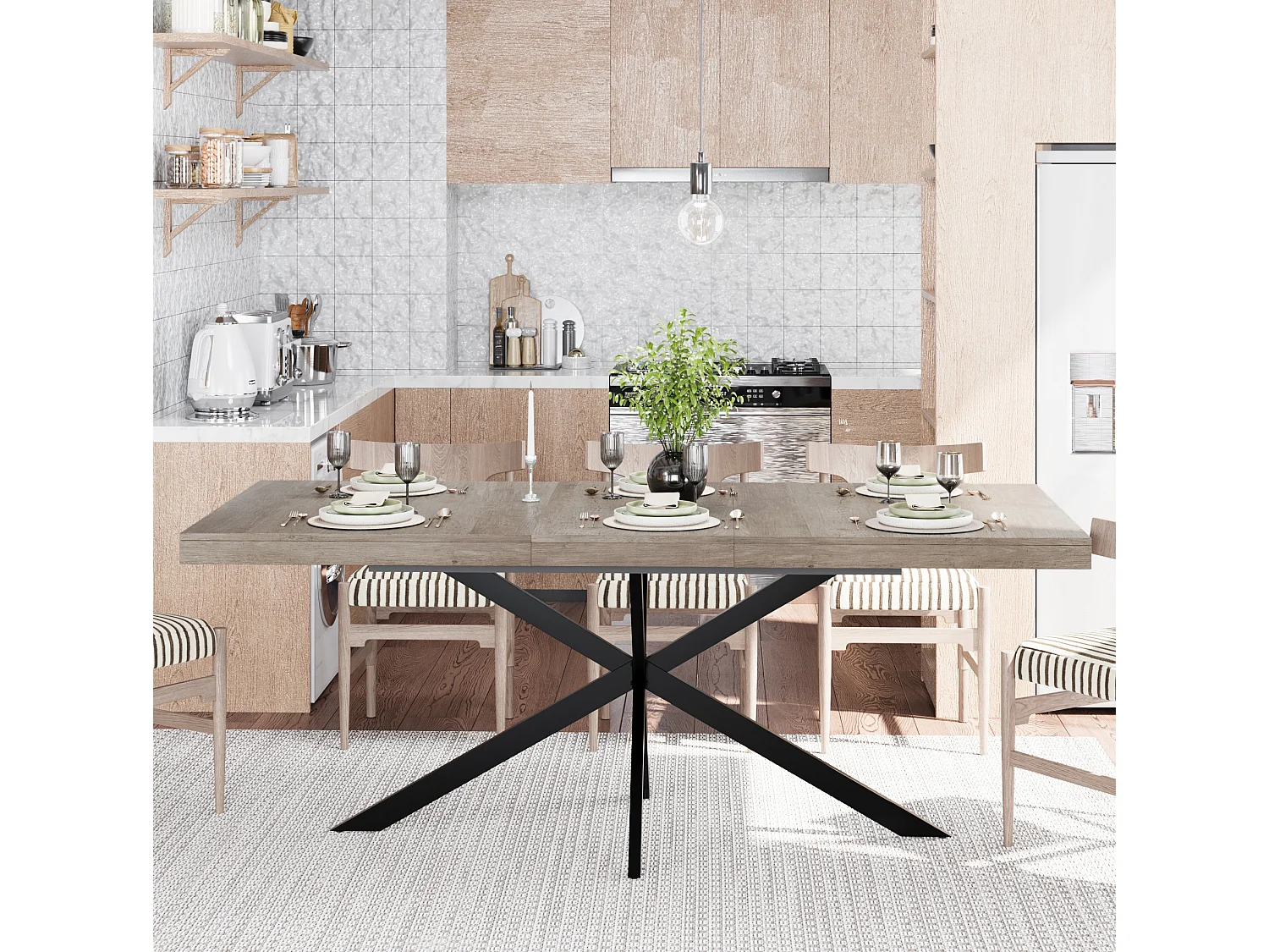 Table à manger extensible 140-180 x 80cm pour 4-6 places - Métal et MDF - Gris