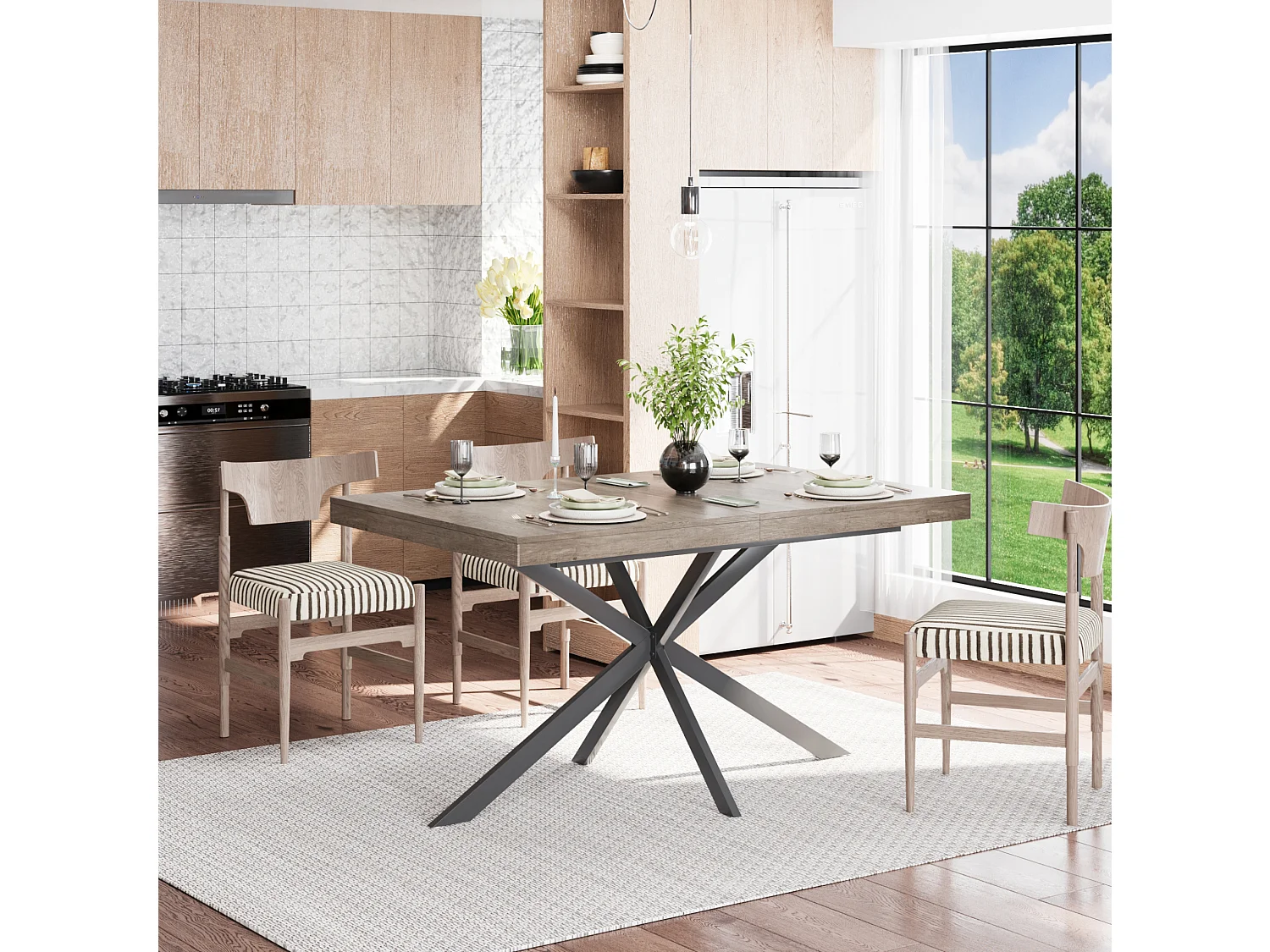 Table à manger extensible 140-180 x 80cm pour 4-6 places - Métal et MDF - Gris