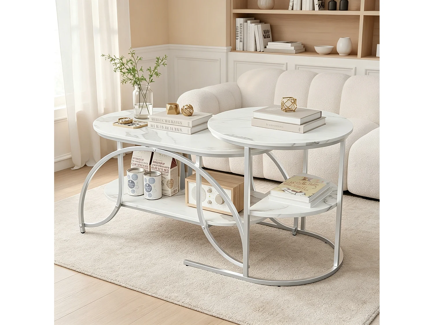 Lot de 2 Tables basses - Métal - Table d'appoint à 4 niveaux - Pour salon, chambre - 80/52 cm - motif Marbre blanc - Structure en métal Blanc - Design industriel