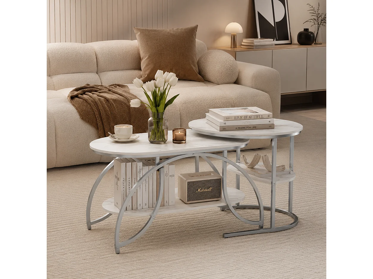 Lot de 2 Tables basses - Métal - Table d'appoint à 4 niveaux - Pour salon, chambre - 80/52 cm - motif Marbre blanc - Structure en métal Blanc - Design industriel
