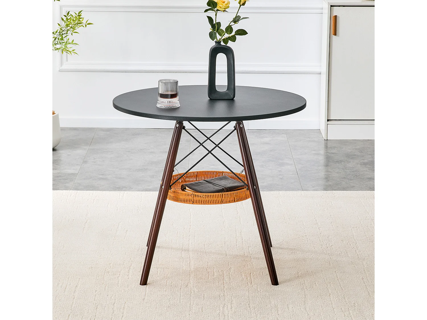 Table à manger ronde 80 cm avec rangement - Noir et marron