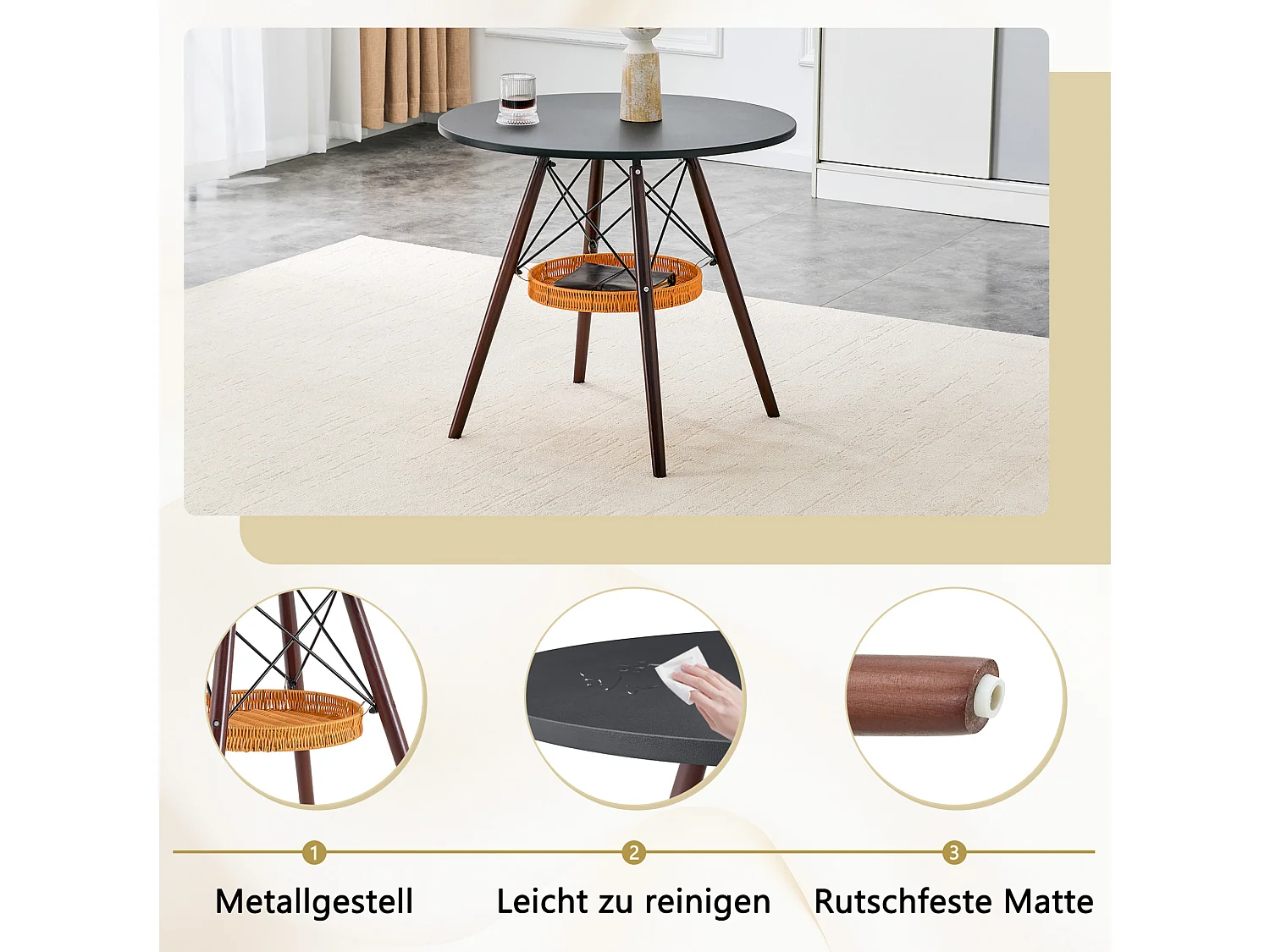 Table à manger ronde 80 cm avec rangement - Noir et marron