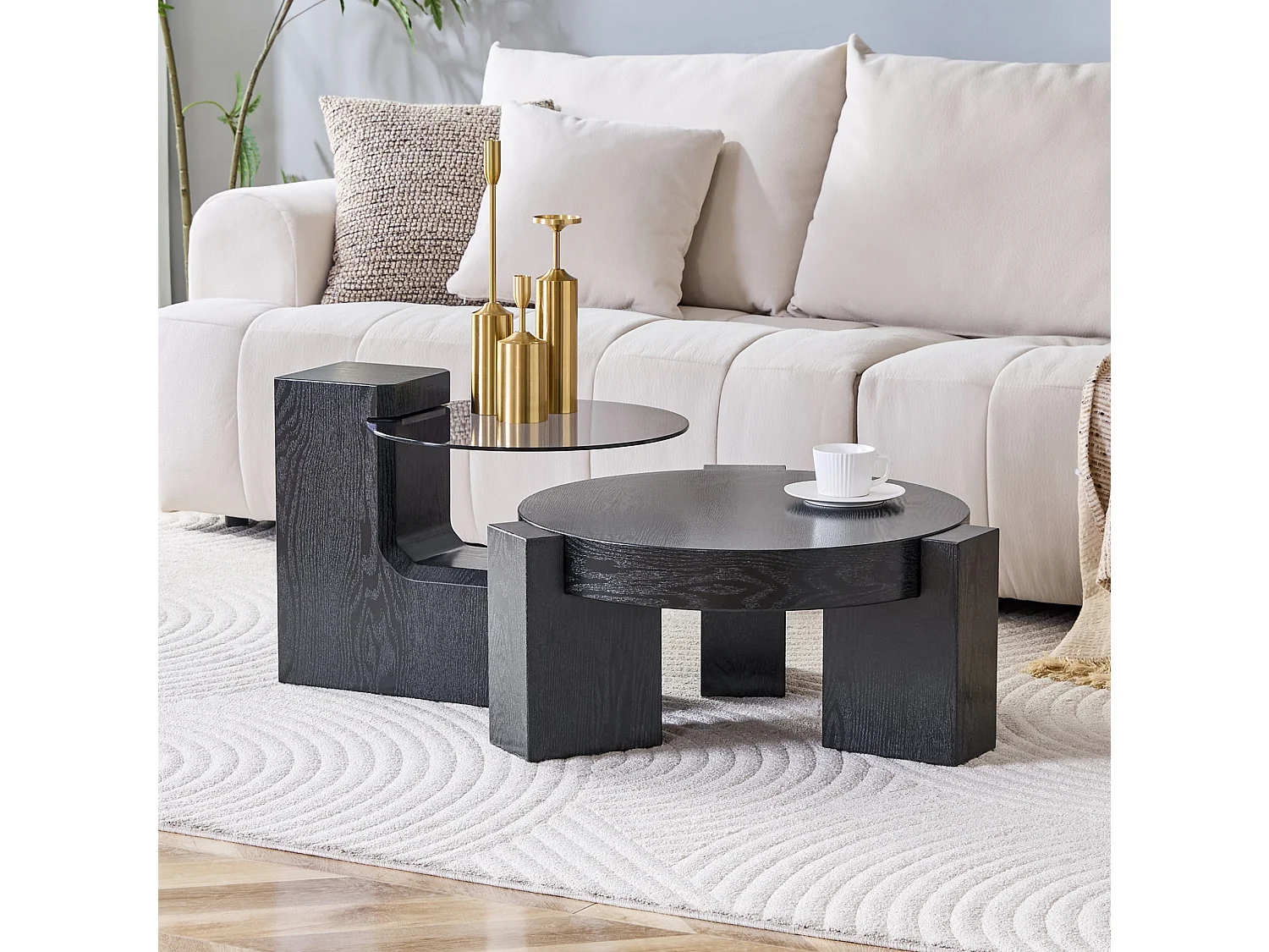 Lot de 2 tables basses rondes gigognes noir - MDF et verre