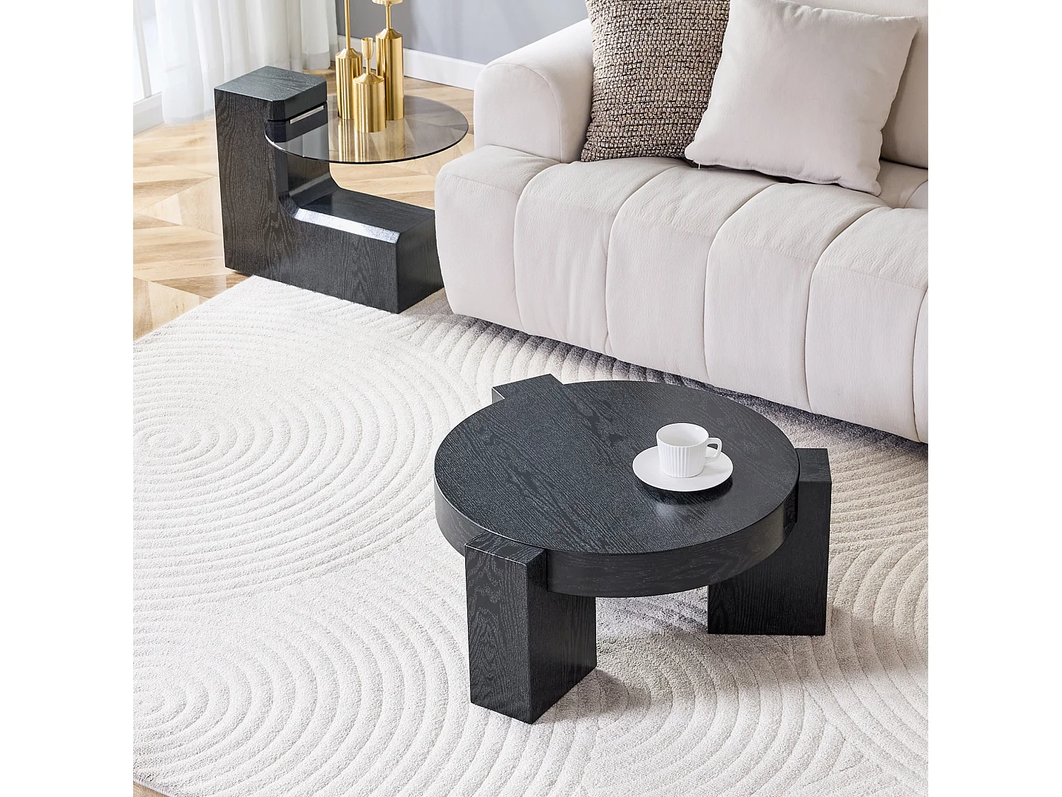 Lot de 2 tables basses rondes gigognes noir - MDF et verre