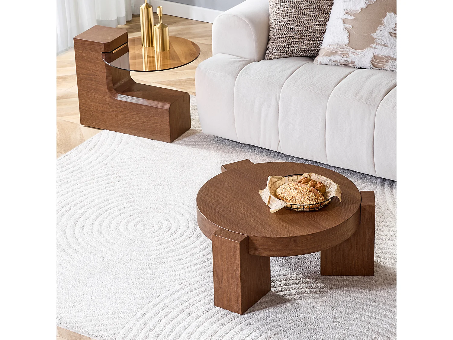 Lot de 2 tables basses rondes gigognes en MDF et verre - Marron