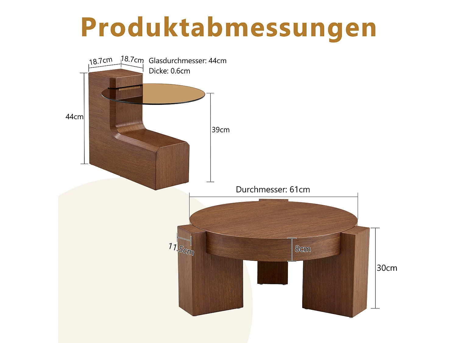 Lot de 2 tables basses rondes gigognes en MDF et verre - Marron