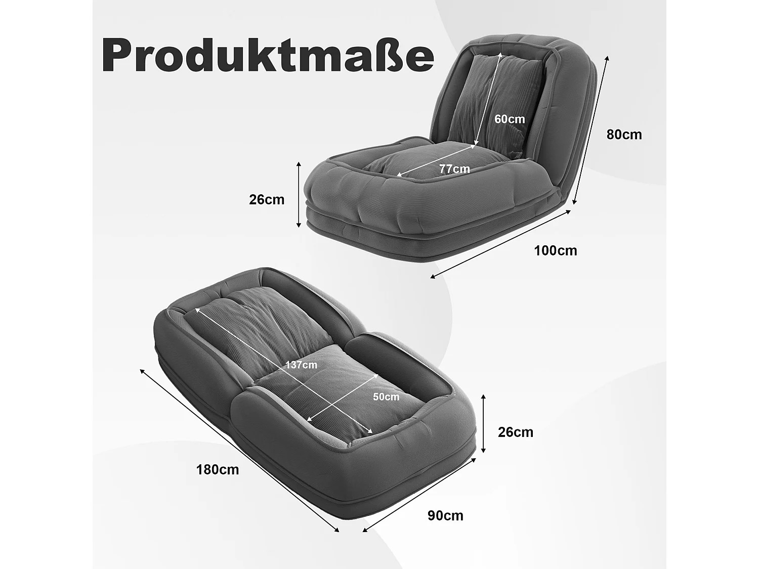 Poltrona ergonómica convertível com 5 posições e 2 almofadas - Tecido cinzento