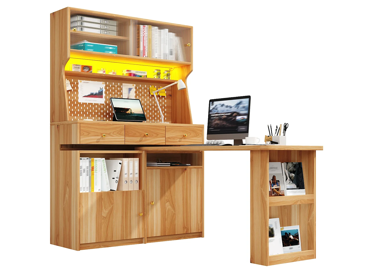 Meuble bar de cuisine avec plateau pivotant, LED, 3 tiroirs et 4 portes - Bois naturel