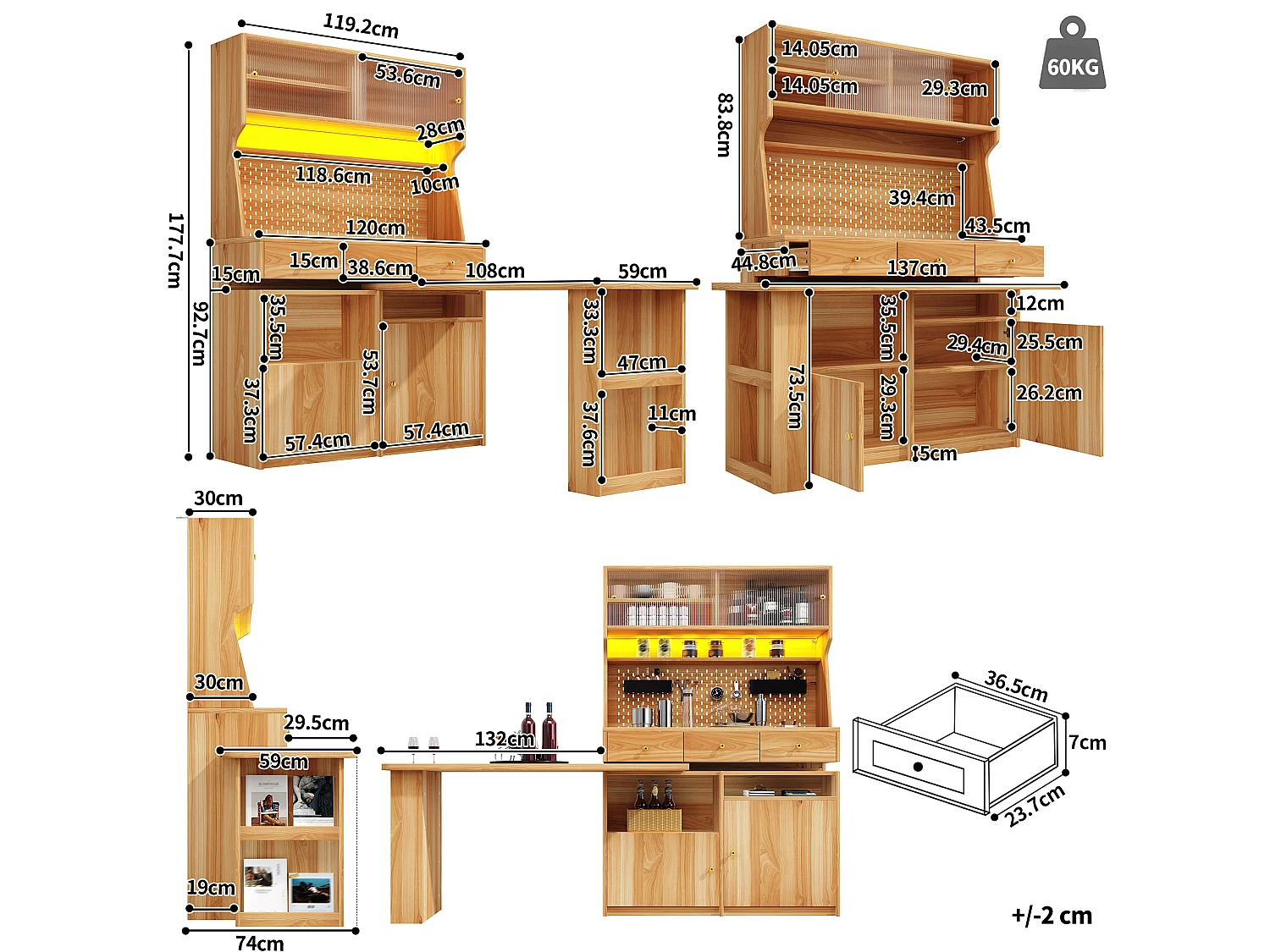 Meuble bar de cuisine avec plateau pivotant, LED, 3 tiroirs et 4 portes - Bois naturel