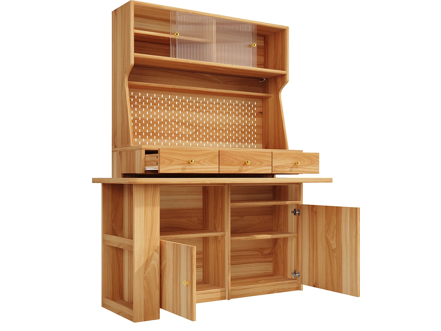 Meuble bar de cuisine avec plateau pivotant, LED, 3 tiroirs et 4 portes - Bois naturel