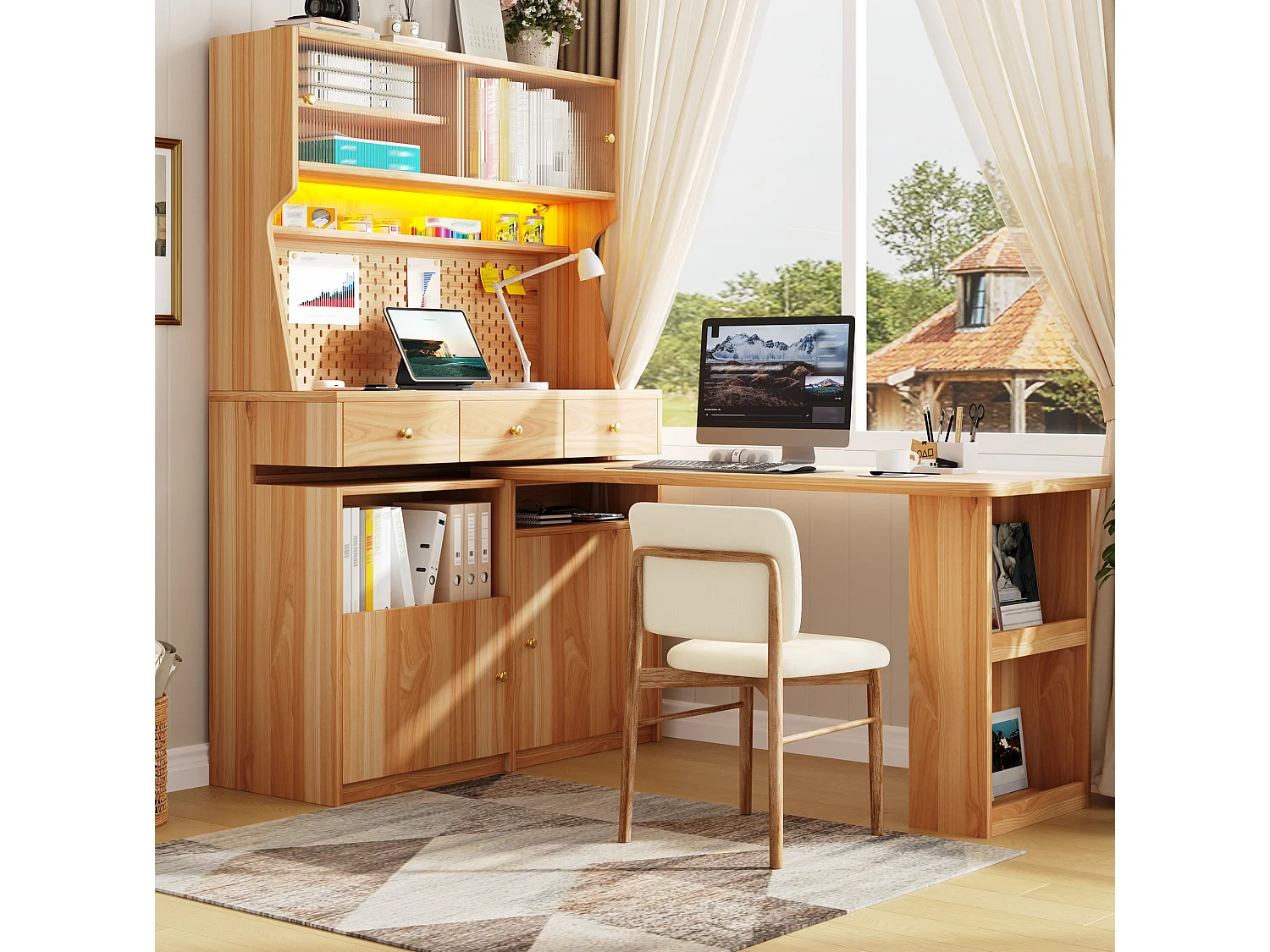 Meuble bar de cuisine avec plateau pivotant, LED, 3 tiroirs et 4 portes - Bois naturel