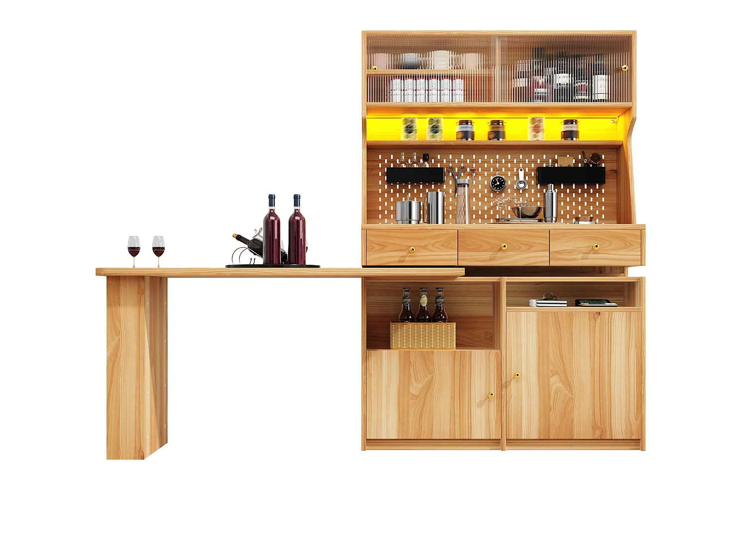 Meuble bar de cuisine avec plateau pivotant, LED, 3 tiroirs et 4 portes - Bois naturel