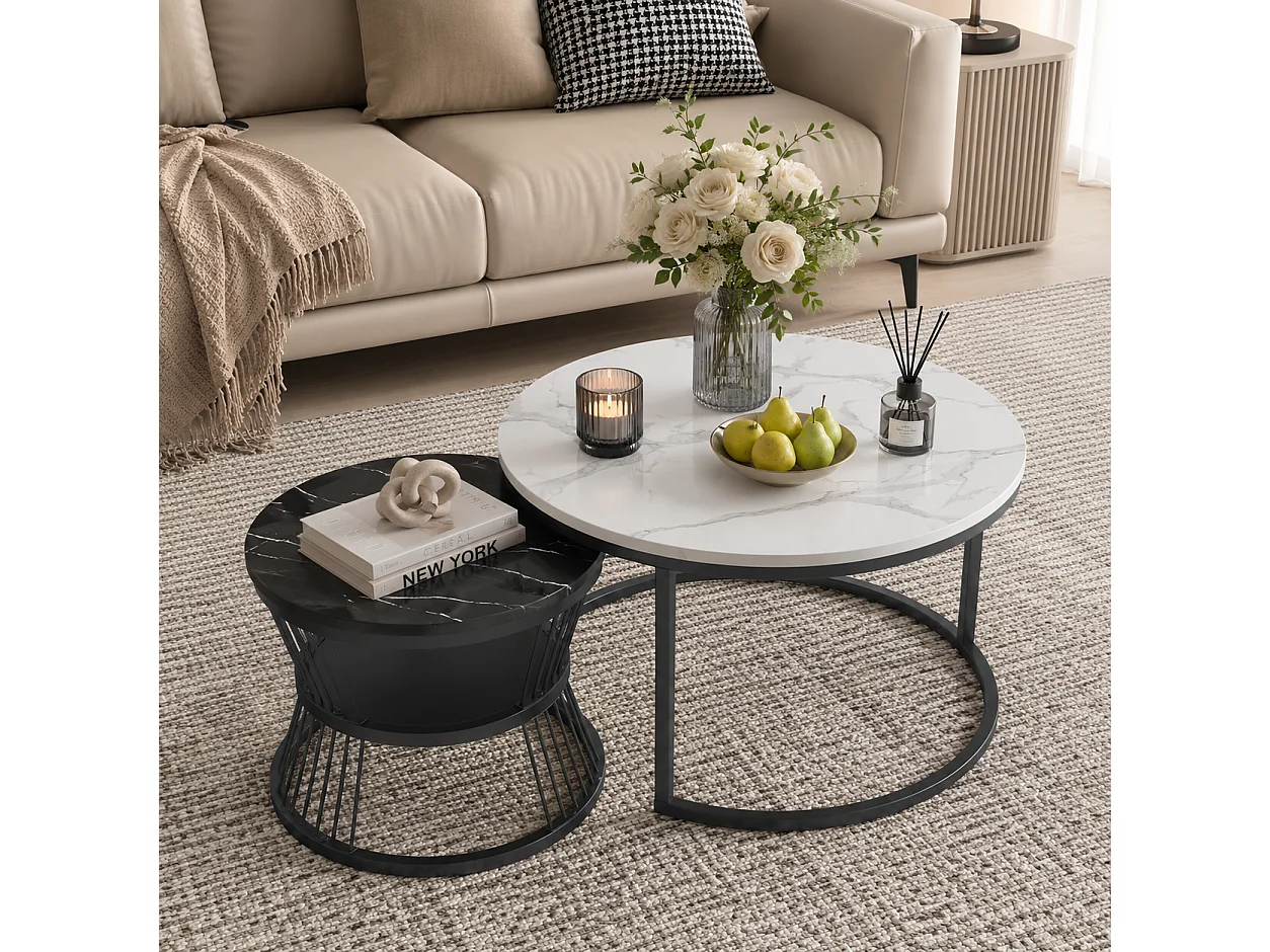Lot de 2 Tables basses rondes– table de salon Ø70 cm et 45 cm – Table d'appoint  en métal noir - style moderne – motif Marbre Blanc/noir