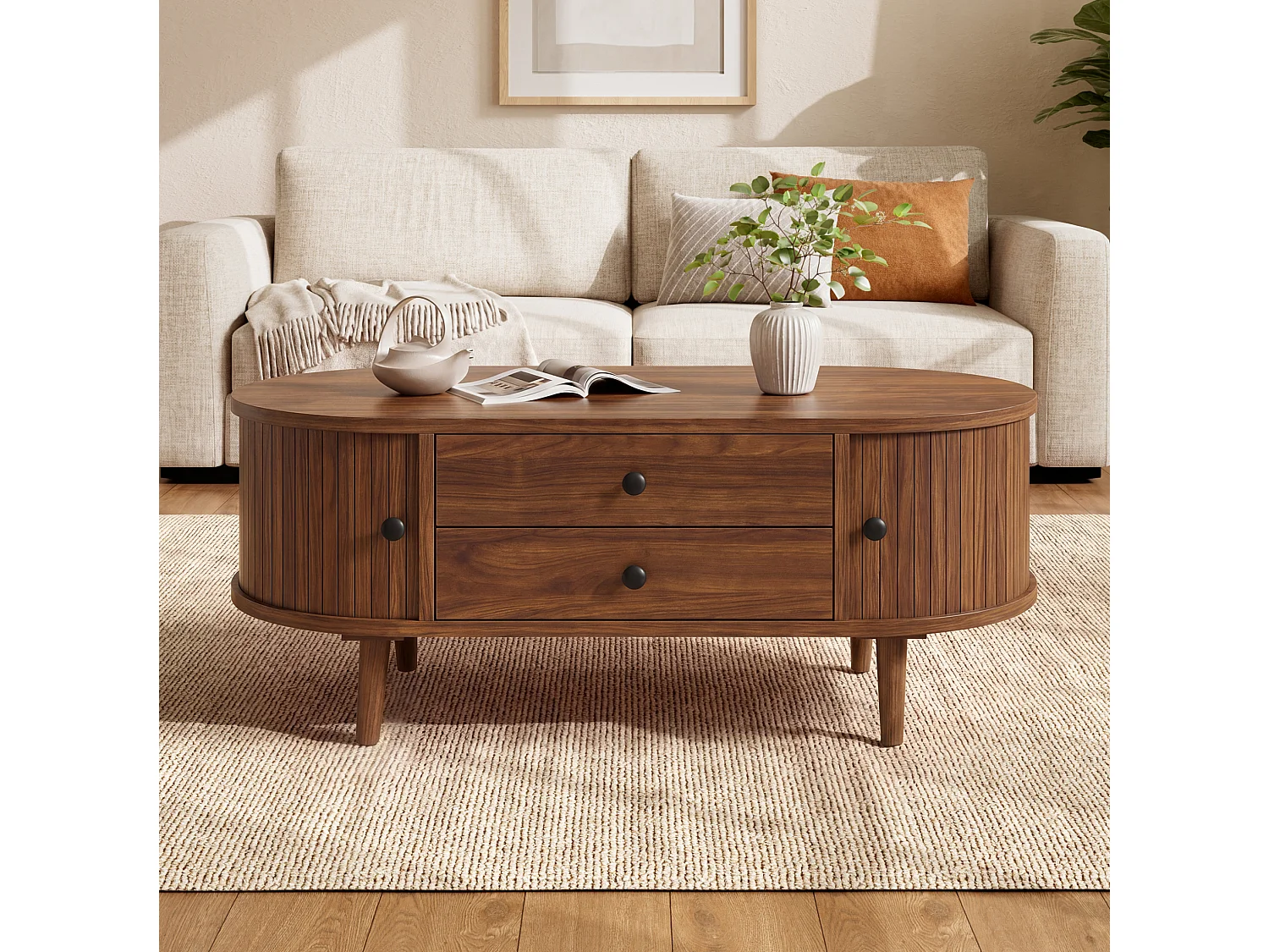 Mesa de centro com 2 gavetas e 2 portas de correr - Castanho