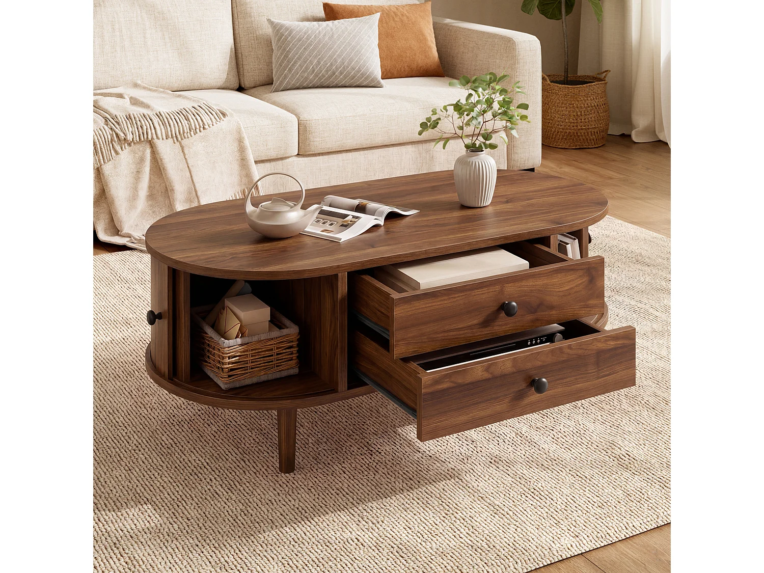 Mesa de centro com 2 gavetas e 2 portas de correr - Castanho