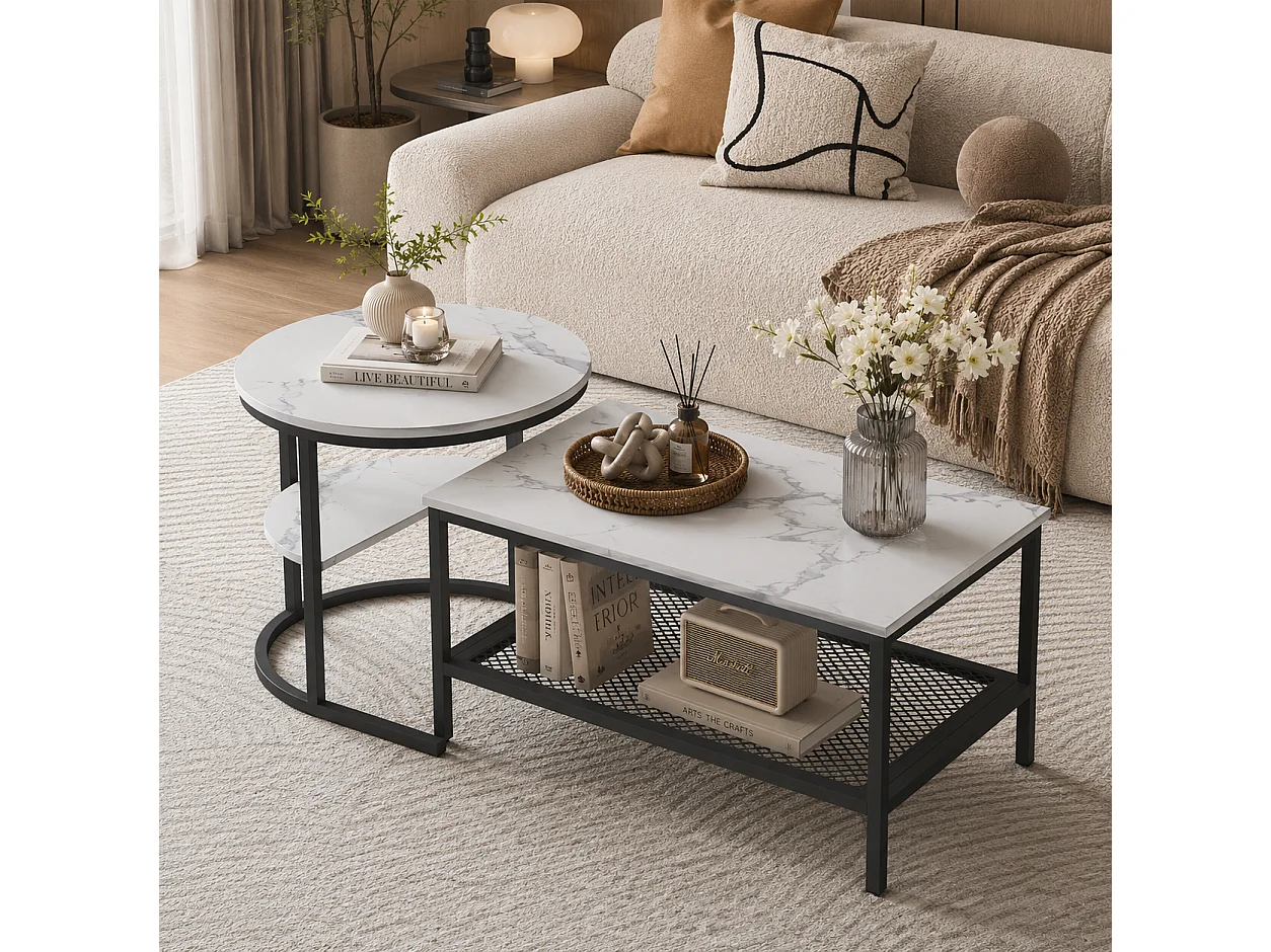 Table basse carrée - Lot de 2 - 4 niveaux - Table d'appoint pour salon - table de salon - Motif marbre blanc - Structure en métal - 80x52 cm - Noir