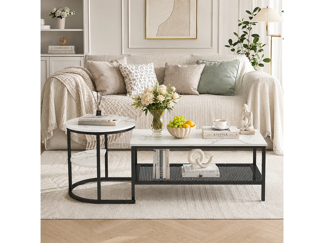 Table basse carrée - Lot de 2 - 4 niveaux - Table d'appoint pour salon - table de salon - Motif marbre blanc - Structure en métal - 80x52 cm - Noir