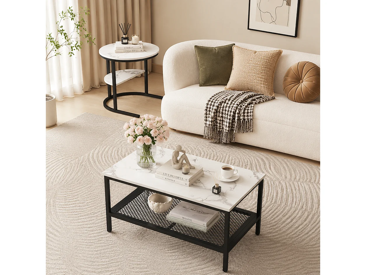 Table basse carrée - Lot de 2 - 4 niveaux - Table d'appoint pour salon - table de salon - Motif marbre blanc - Structure en métal - 80x52 cm - Noir