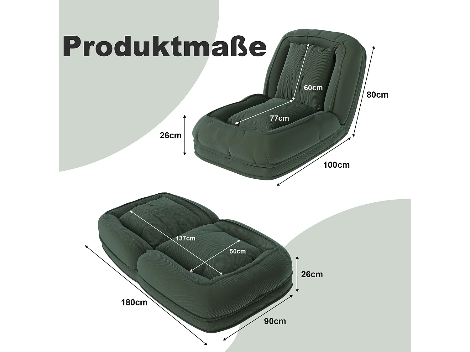 Poltrona ergonómica convertível com 5 posições e 2 almofadas - Tecido verde
