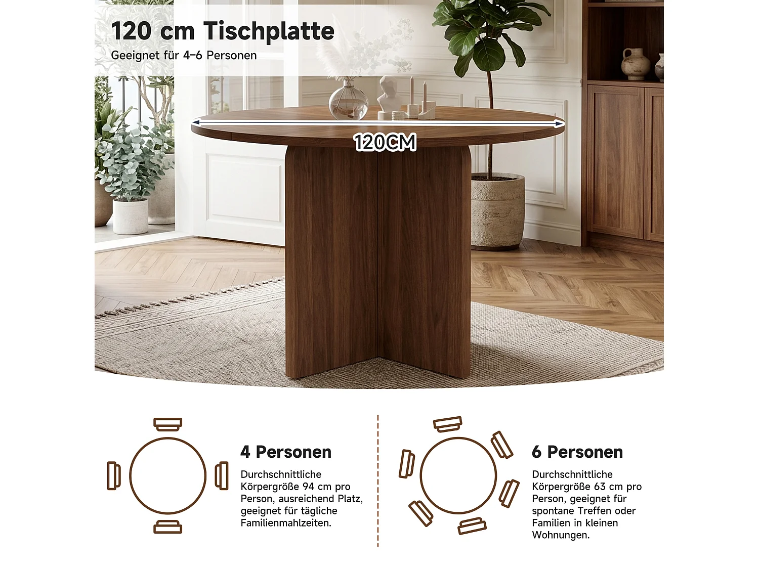 Table à manger ronde 120 x 120 cm pour 4 à 6 personnes - Design classique - Marron