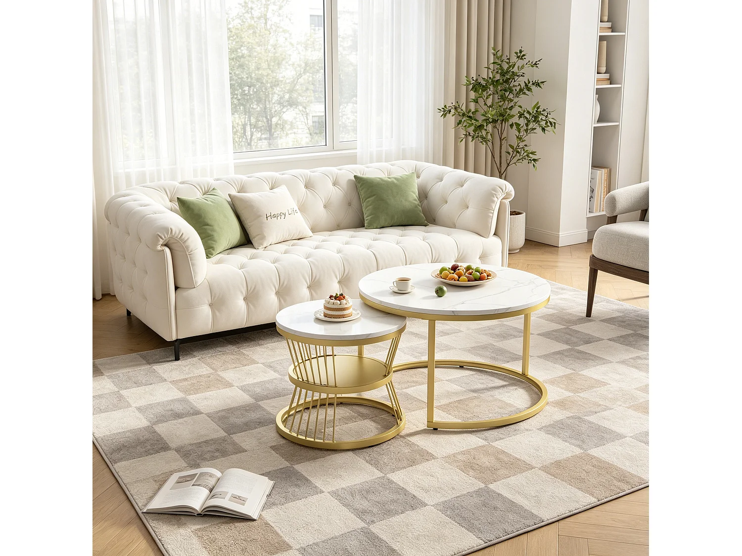 Lot de 2 Tables basses rondes– Table d'appoint Ø70 cm et 45 cm – table de salon - style moderne – motif marbre blanc –  en métal Doré