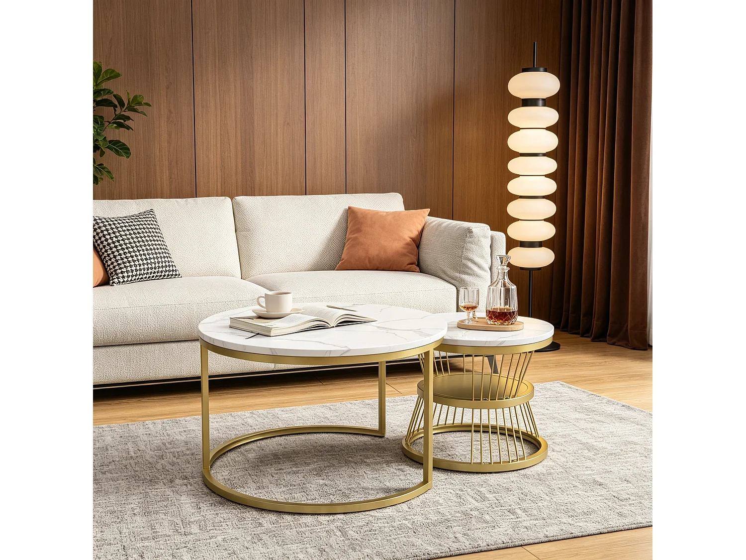 Lot de 2 Tables basses rondes– Table d'appoint Ø70 cm et 45 cm – table de salon - style moderne – motif marbre blanc –  en métal Doré